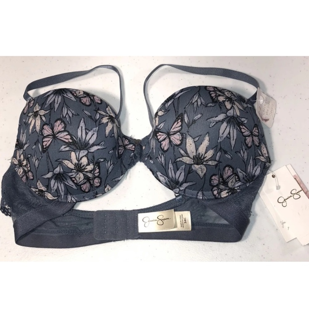 Jessica Simpson Bra size 34C Padded Push Up Bra Blue Floral With Butterflies NWT